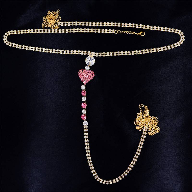 Heart Rhinestone Panty Body Jewelry with Pink Heart and Gold Plated Waist Chain