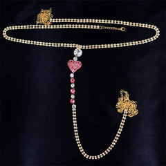 Heart Rhinestone Panty Body Jewelry with Pink Heart and Gold Plated Waist Chain