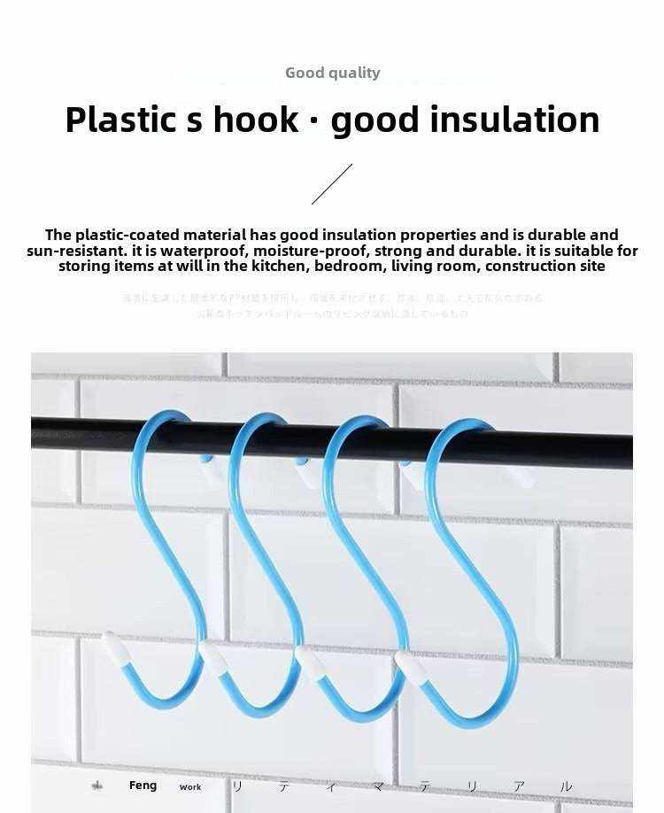 Blue rubber S-hooks hanging on a rod for versatile storage.