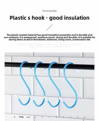 Blue rubber S-hooks hanging on a rod for versatile storage.