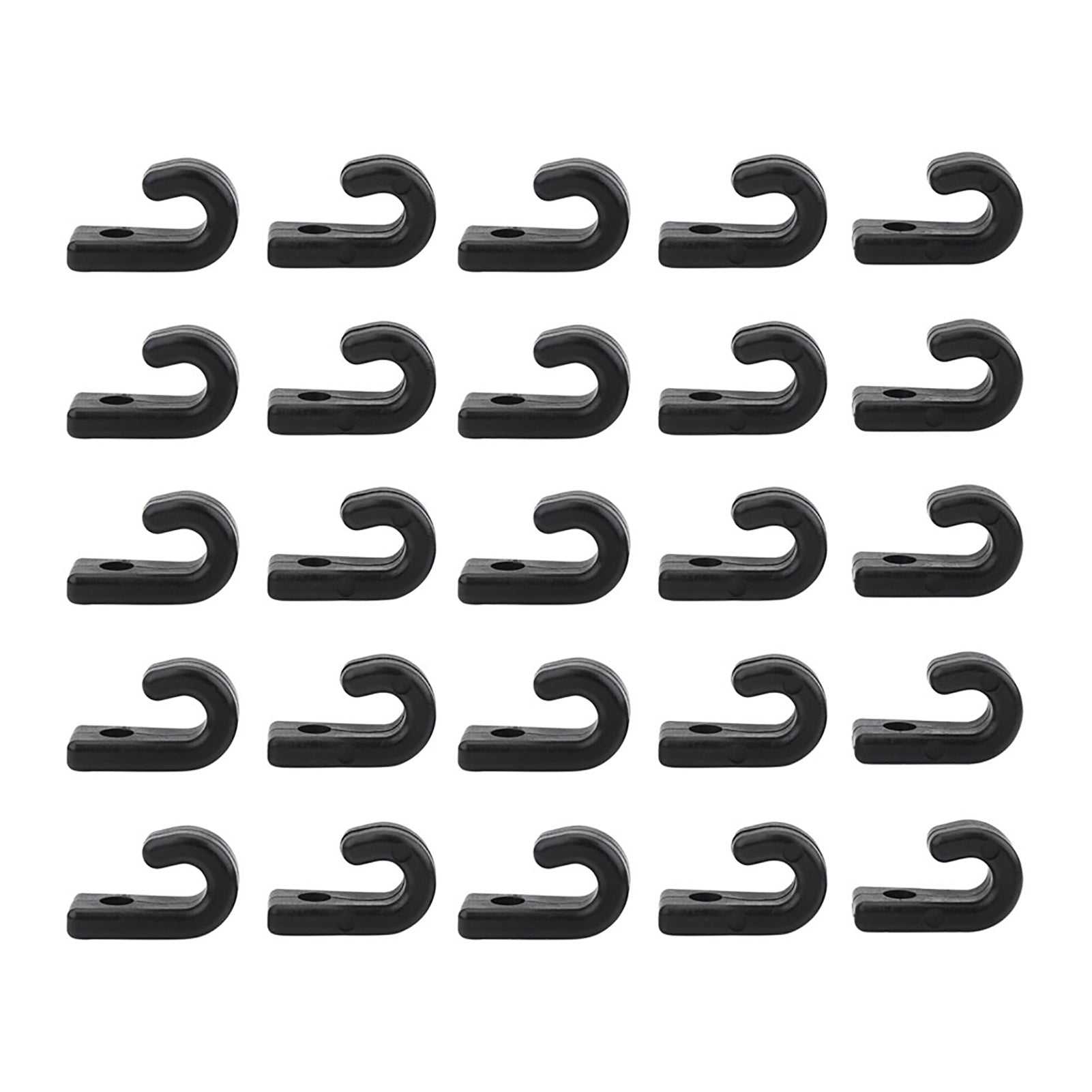 25 black nylon J hooks for kayak bungee cords and boat accessories.