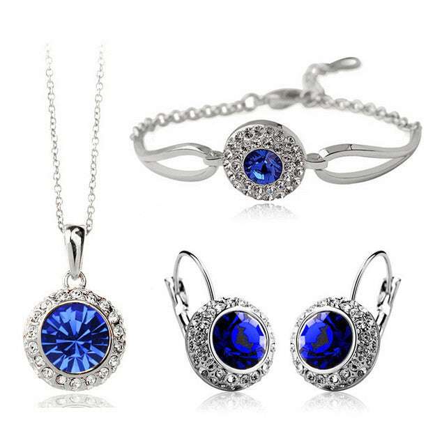 Korean style women's jewelry set with earrings, necklace, and bracelet in silver sea blue.