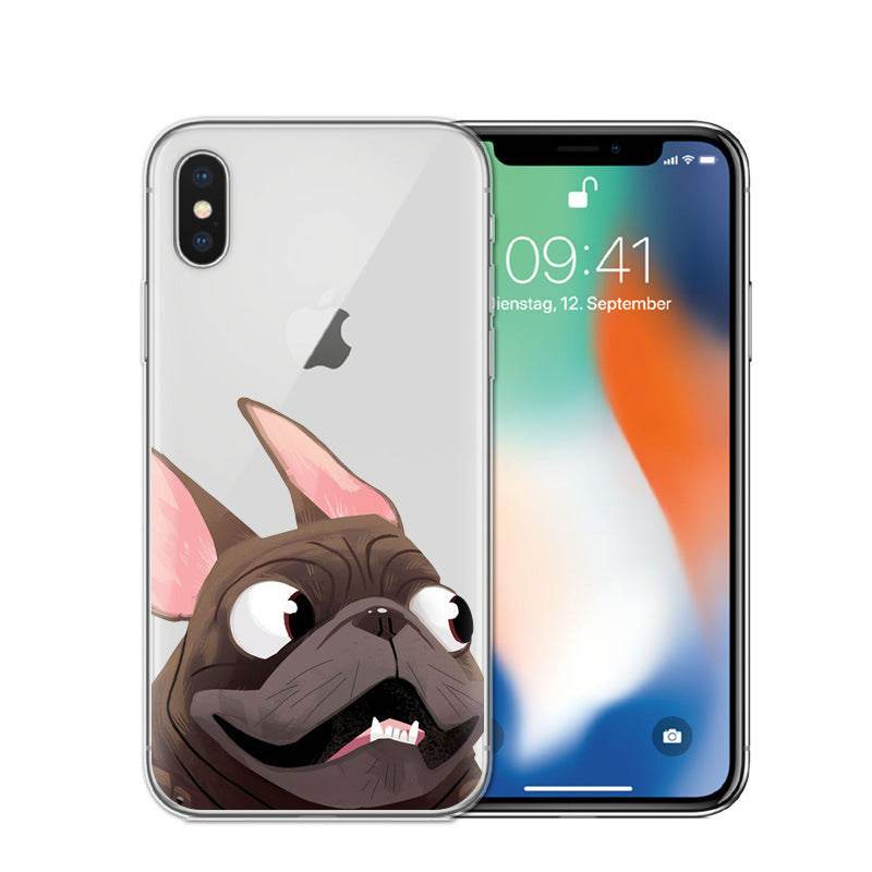 Cartoon dog phone case for iPhone, TPU material with animal design.