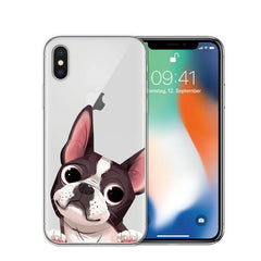 Cartoon dog phone case for iPhone with TPU material, featuring painted design with stripes and dots.
