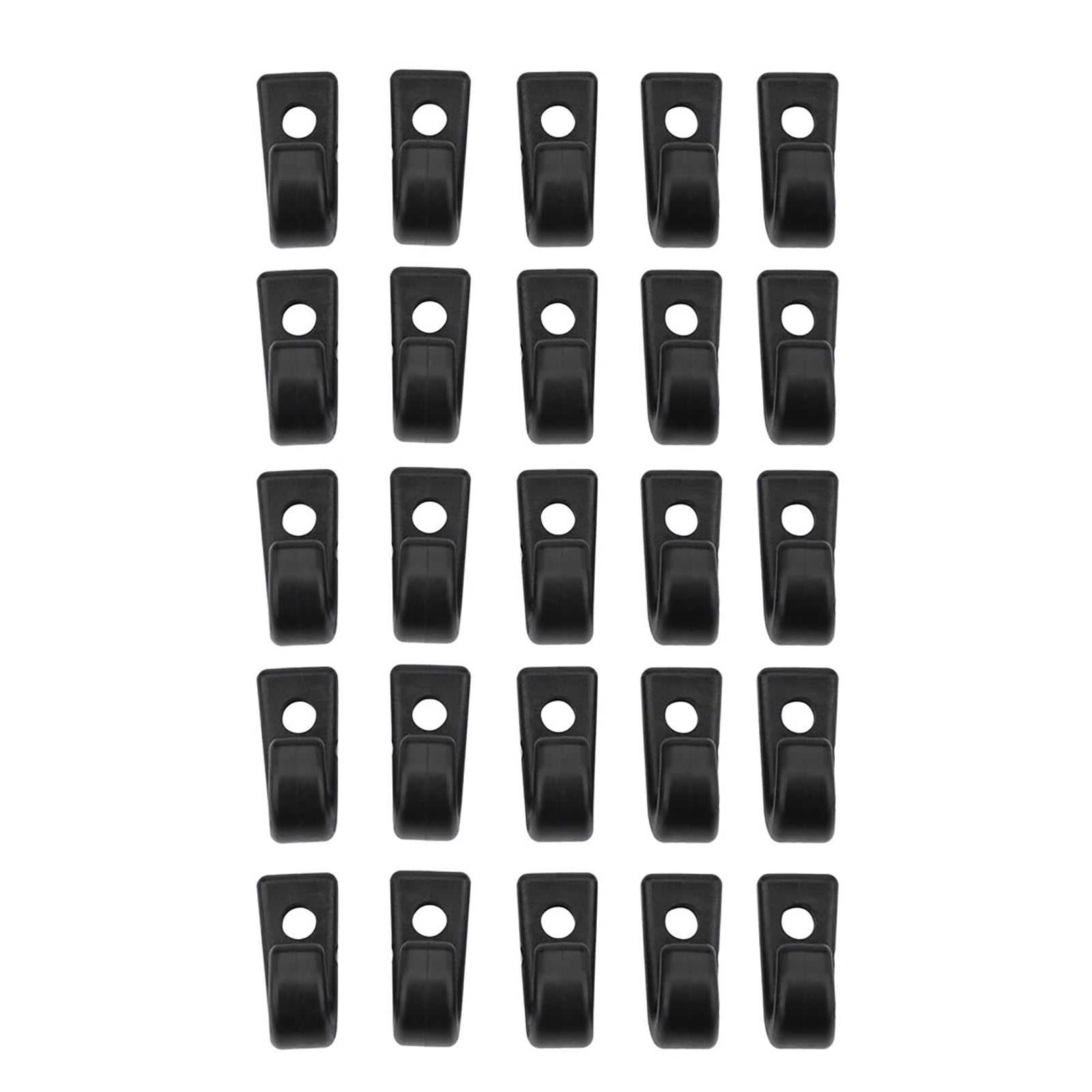 25 black nylon J hooks for bungee cord, kayak, and boat accessories.