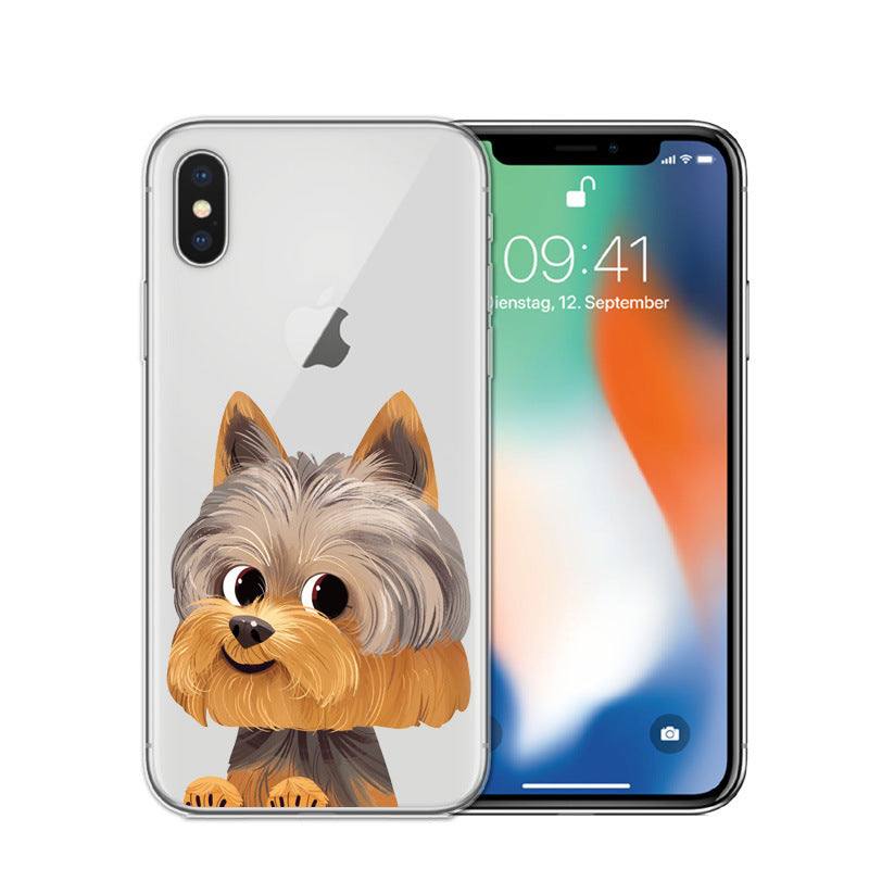 Cartoon dog phone case with cute design for iPhone models.