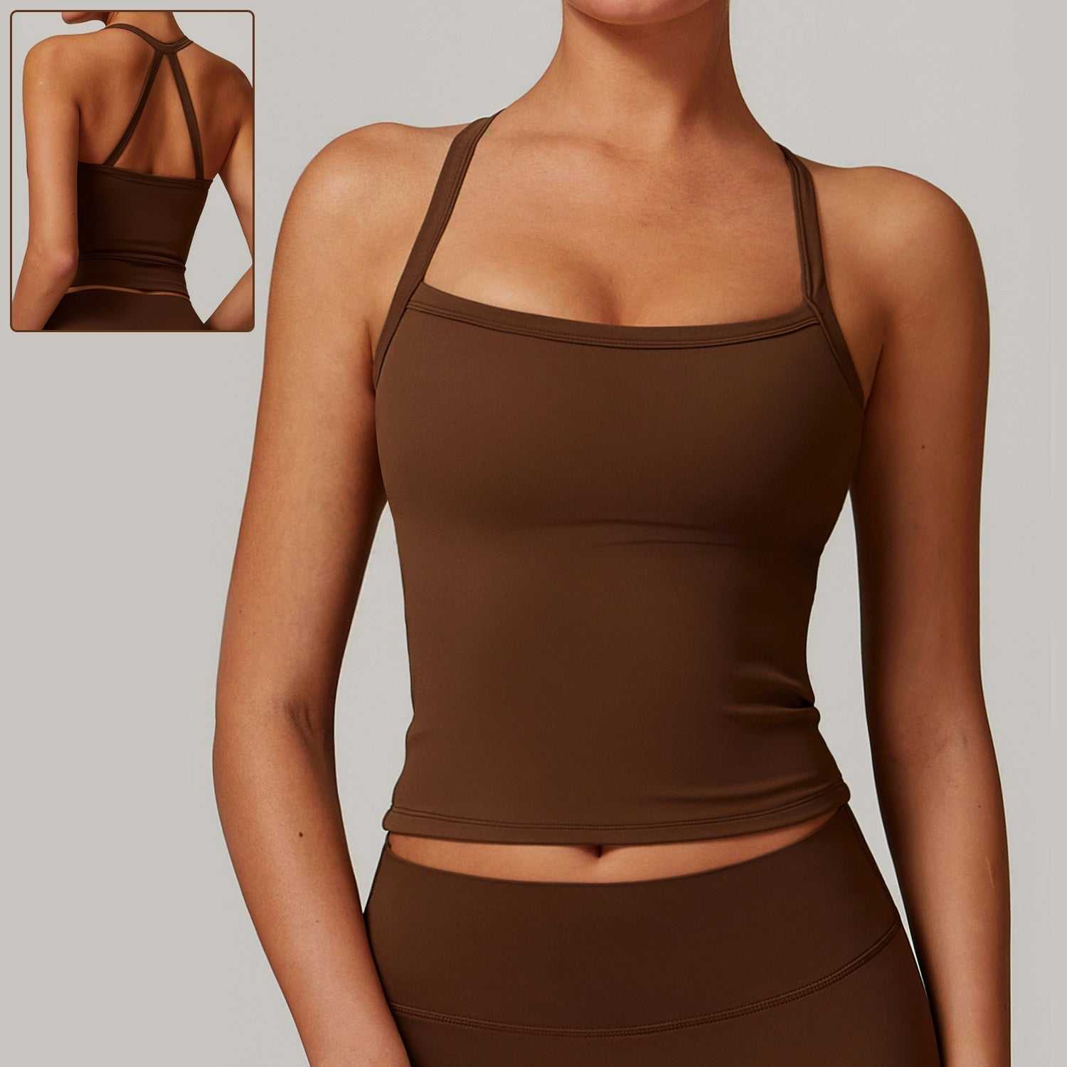 Women's sleeveless Beauty Back Yoga Vest in brown, featuring a quick-drying fabric and designed for fitness activities.