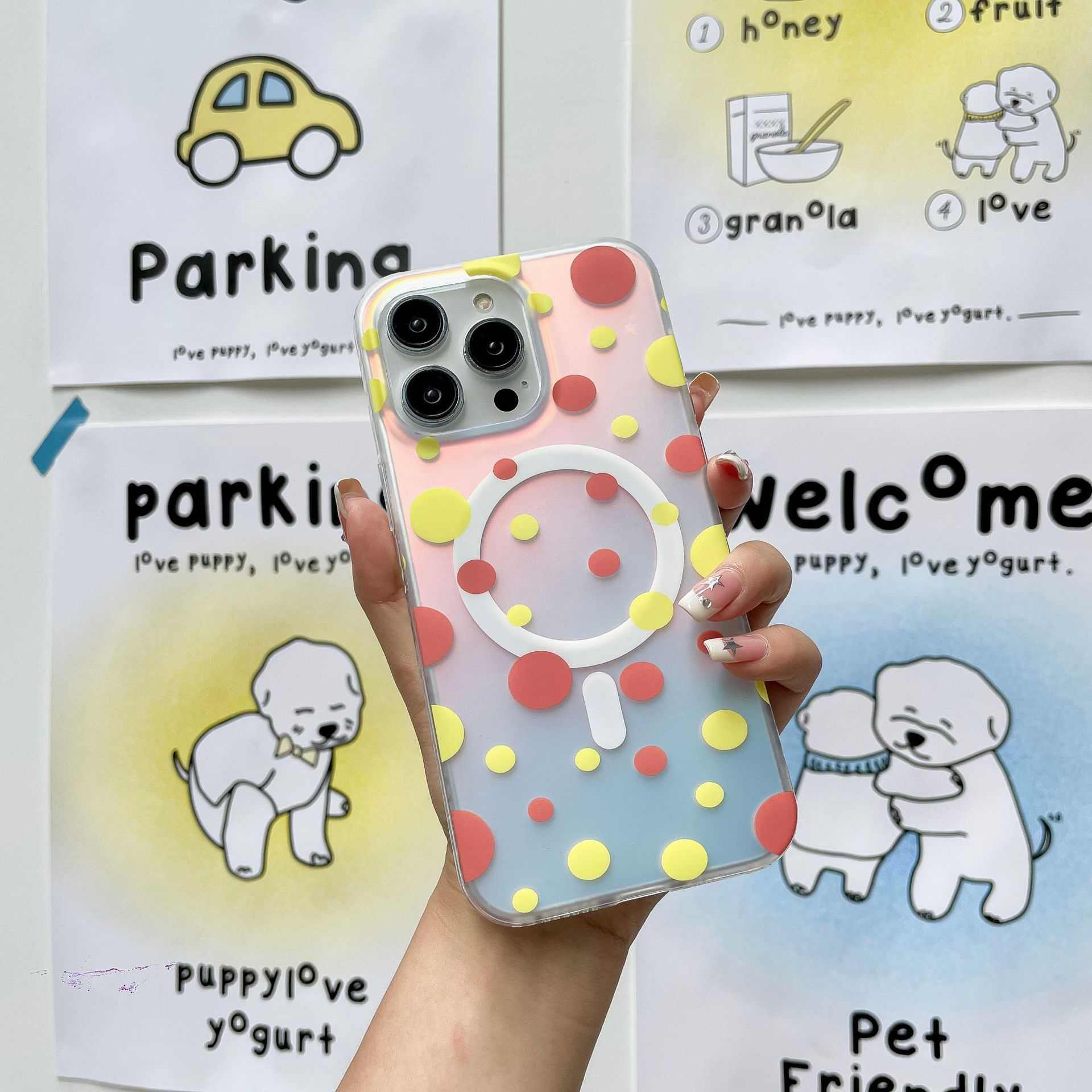 Polka dot magnetic phone case for iPhone with fall protection.
