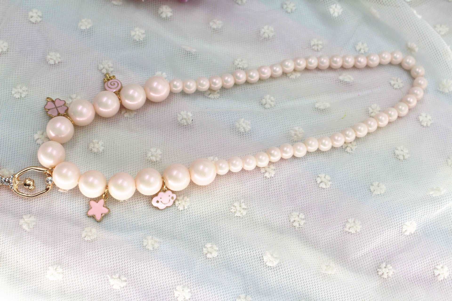 Korean jewelry accessory pearl necklace for girls with charm details, symphony white color.