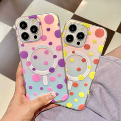 Colorful polka dot magnetic phone case for Apple iPhone, featuring fall protection and TPU material.