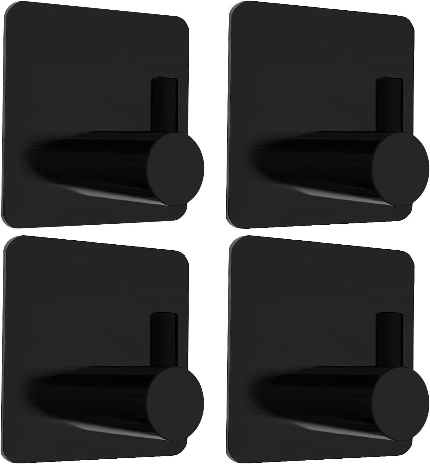 Black Adhesive Hooks, 4 Pack Wall Hooks Heavy Duty, Waterproof Sticky Hook for Hanging Towel, Key, Coat, Hat, Robe, Clothes, Towel Hook for Bathroom Kitchen Wall Mounted (Black)