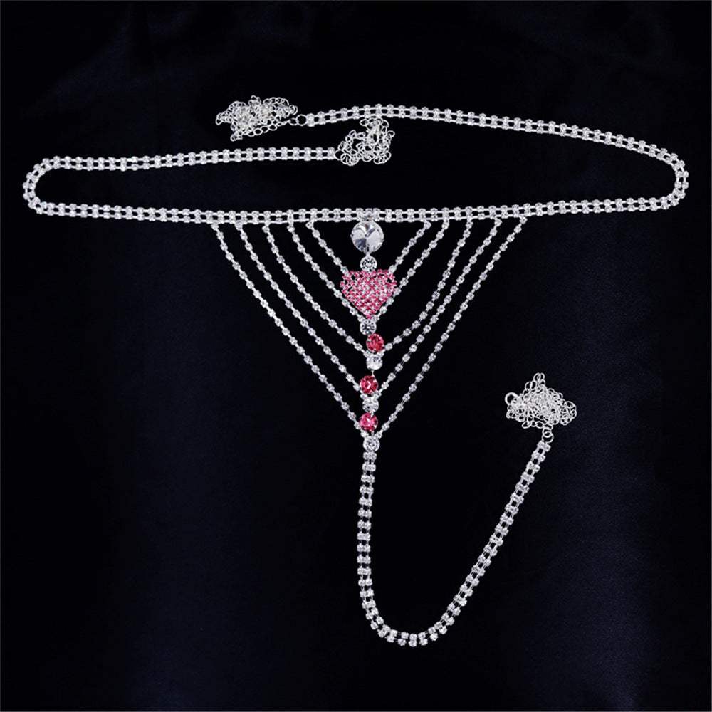 Heart rhinestone panty body jewelry with silver plated alloy, multiple loops, heart design.