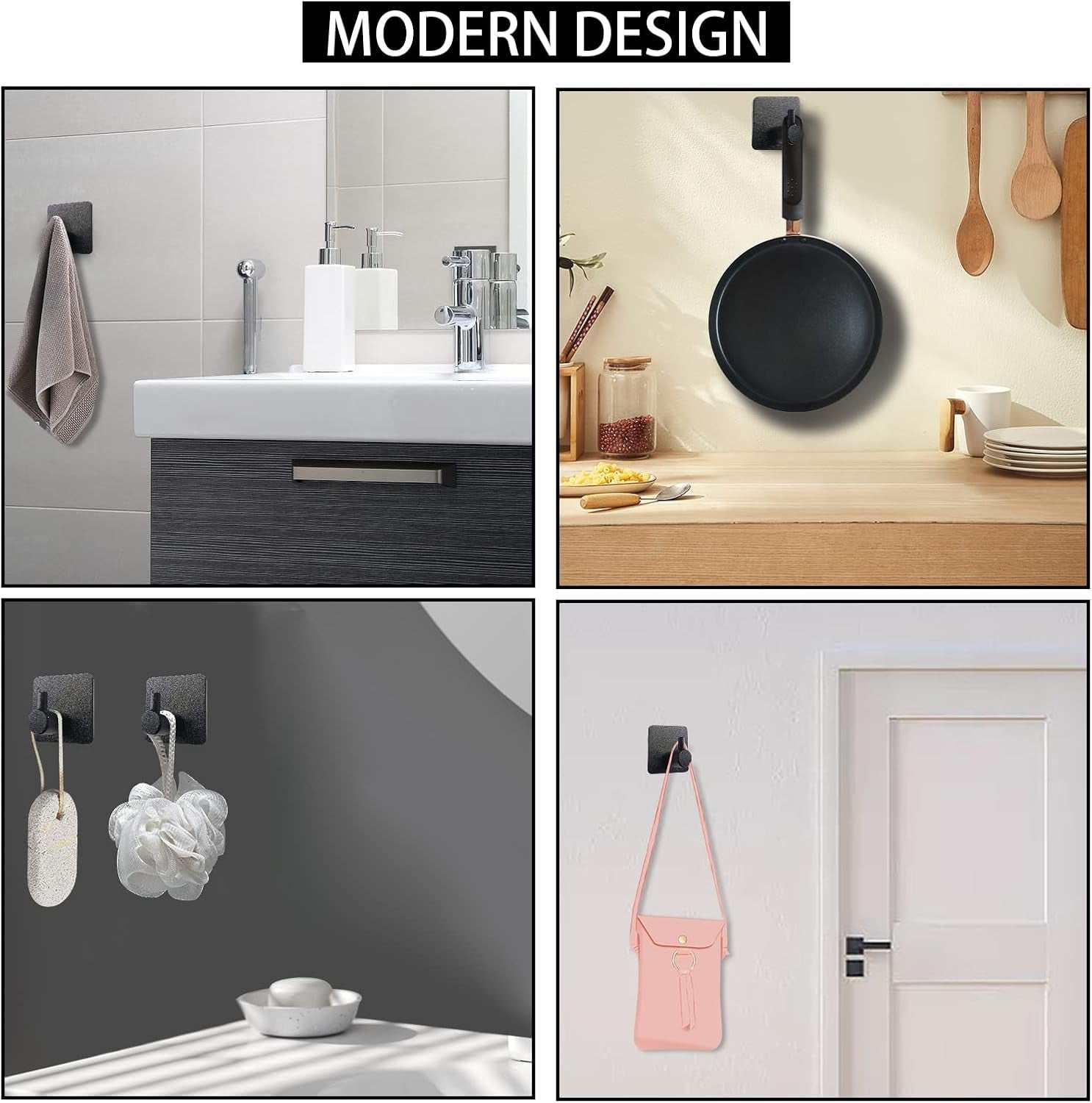 Black Adhesive Hooks, 4 Pack Wall Hooks Heavy Duty, Waterproof Sticky Hook for Hanging Towel, Key, Coat, Hat, Robe, Clothes, Towel Hook for Bathroom Kitchen Wall Mounted (Black)