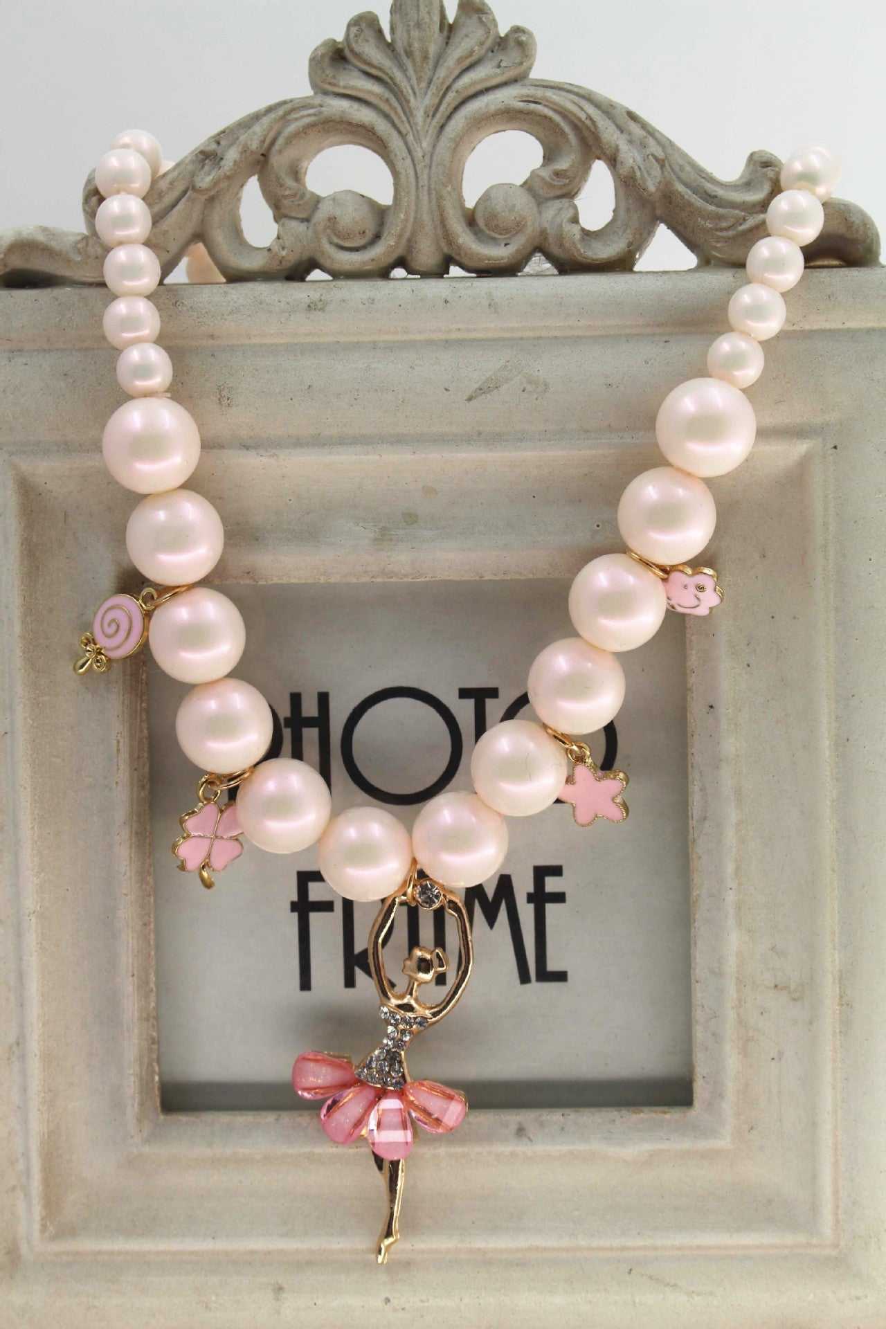 Pearl necklace in Korean style for children with ballet pendant.