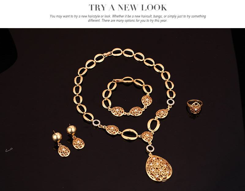 Elegant four-piece jewelry set with necklace, earrings, bracelet, and ring in alloy, bamboo link chain featuring love and water drop patterns.