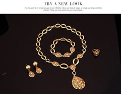 Elegant four-piece jewelry set with necklace, earrings, bracelet, and ring in alloy, bamboo link chain featuring love and water drop patterns.