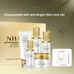 Nicotinamide care product set for mixed skin, includes cleanser, toner, essence lotion, and creams.