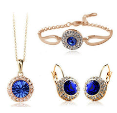 Korean style jewelry set with blue diamond accents, including necklace, bracelet, and earrings.