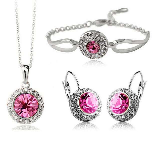 Korean style women's jewelry set with pink diamond accents, including necklace, earrings, and bracelet, in alloy material.