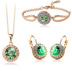Korean style jewelry set with green stones, including necklace, earrings, and bracelet, made of alloy with diamond accents.