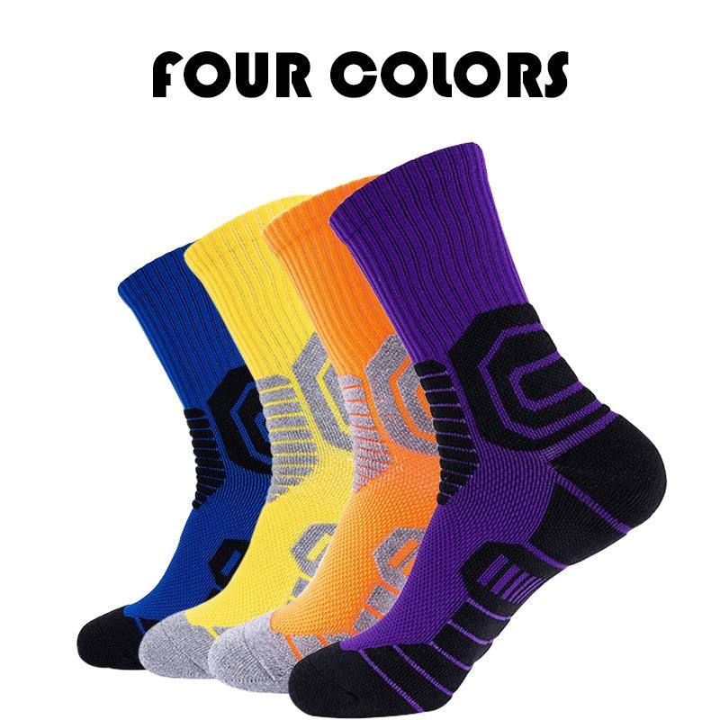 Four pairs of colorful compression crew running socks for men, featuring anti-odor, anti-slip design and cushioned support, in blue, yellow, orange, and purple.
