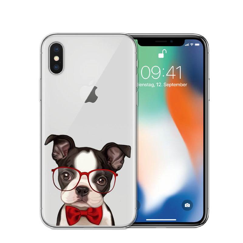 Cartoon dog phone case with red glasses and bow tie, TPU material, compatible with Apple devices.