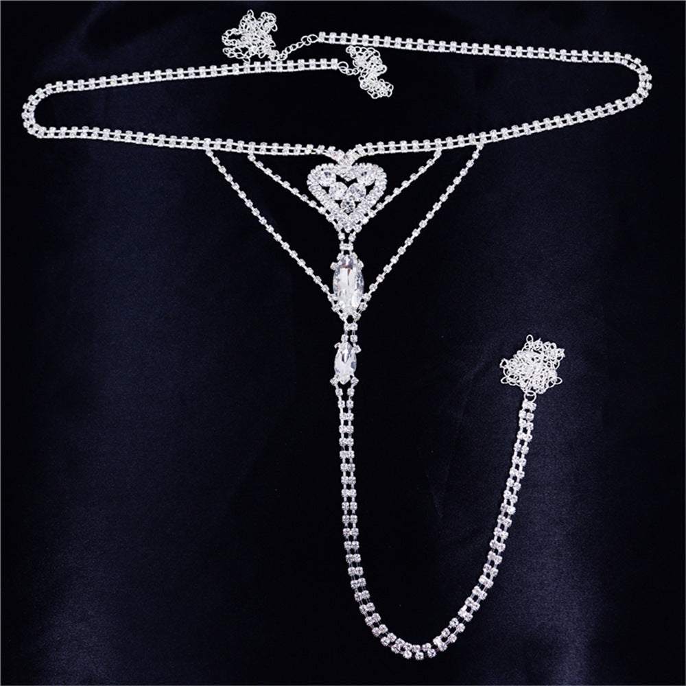 Heart Rhinestone Panty Body Jewelry with silver plated rhinestones and heart design.