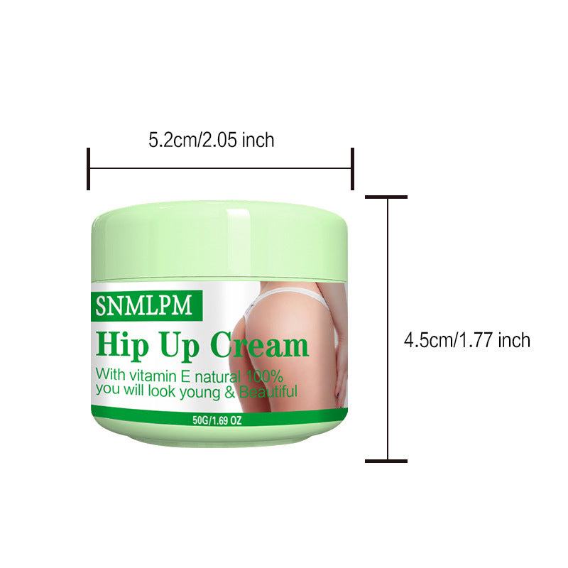 Women's skin care butt lift cream in 50ml jar with product dimensions displayed.