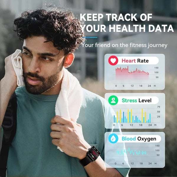 Man wearing a smart watch tracking heart rate, stress level, and blood oxygen; fitness journey.