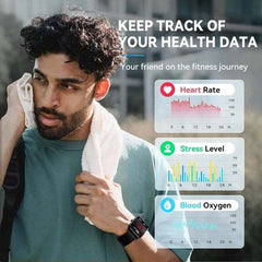 Man wearing a smart watch tracking heart rate, stress level, and blood oxygen; fitness journey.