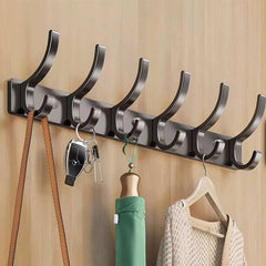 Over door hanger rack with multiple aluminum hooks for coats and accessories.