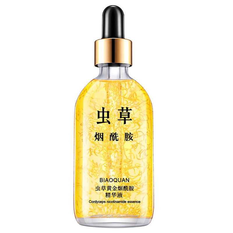Gold liquid firming and lifting skin care product with ginseng and Cordyceps essence.