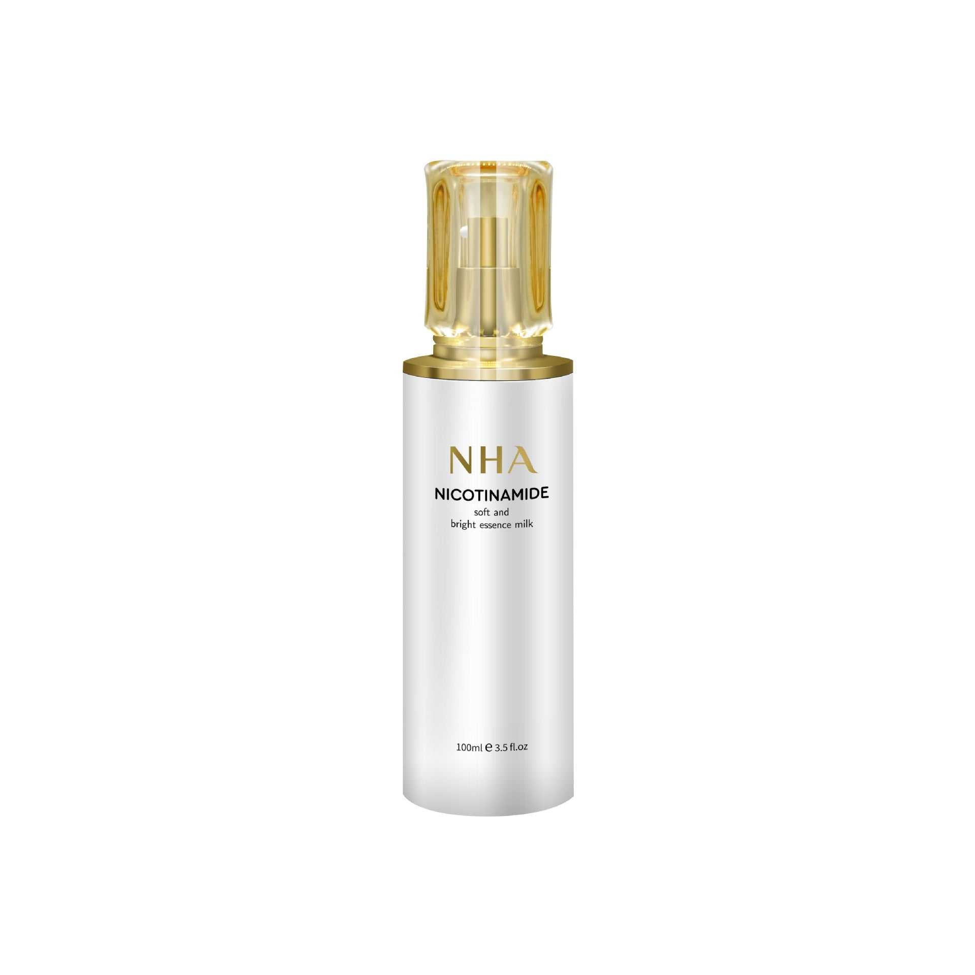 Nicotinamide care product for brightening skin tone in sleek bottle packaging.