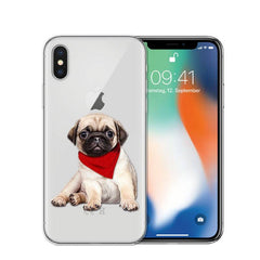 Cartoon dog phone case with pug design, red bandana, compatible with various smartphone brands.