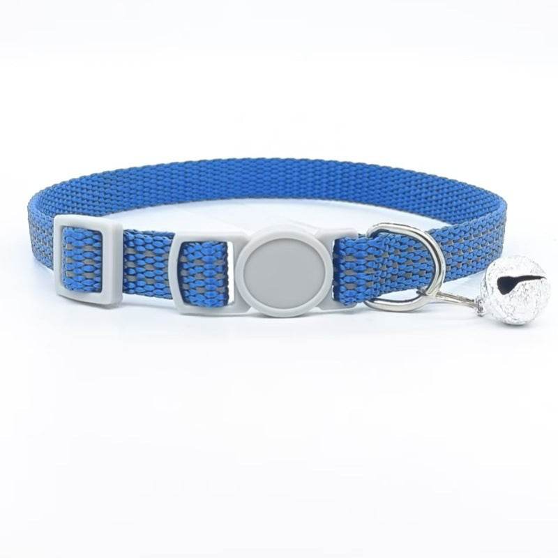 Breathable nylon cat collar in blue with bell.