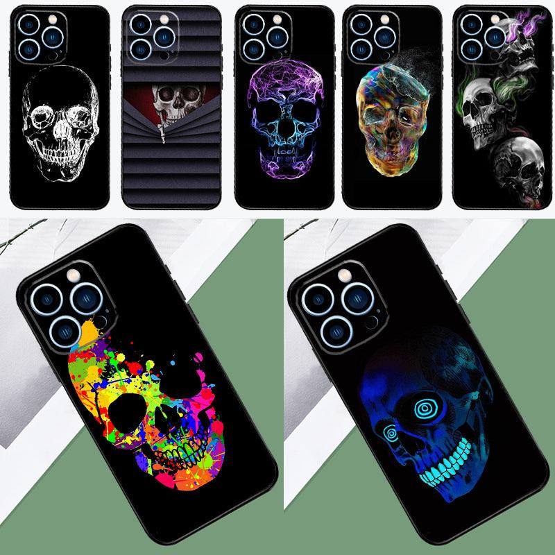 Cool ghost skull face phone cases for Apple, Samsung, Huawei, Xiaomi models. Fall protection, TPU material, available in black and transparent, with vibrant designs.