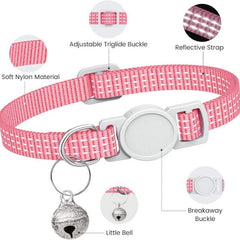 Pink breathable nylon cat collar with adjustable buckle, reflective strap, breakaway buckle, and attached bell.