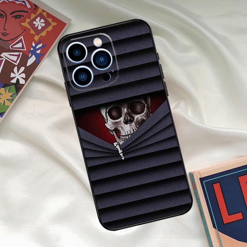 Cool ghost skull face phone case with fall protection, compatible with Apple, Samsung, Huawei, and Xiaomi. Features black color and TPU material.
