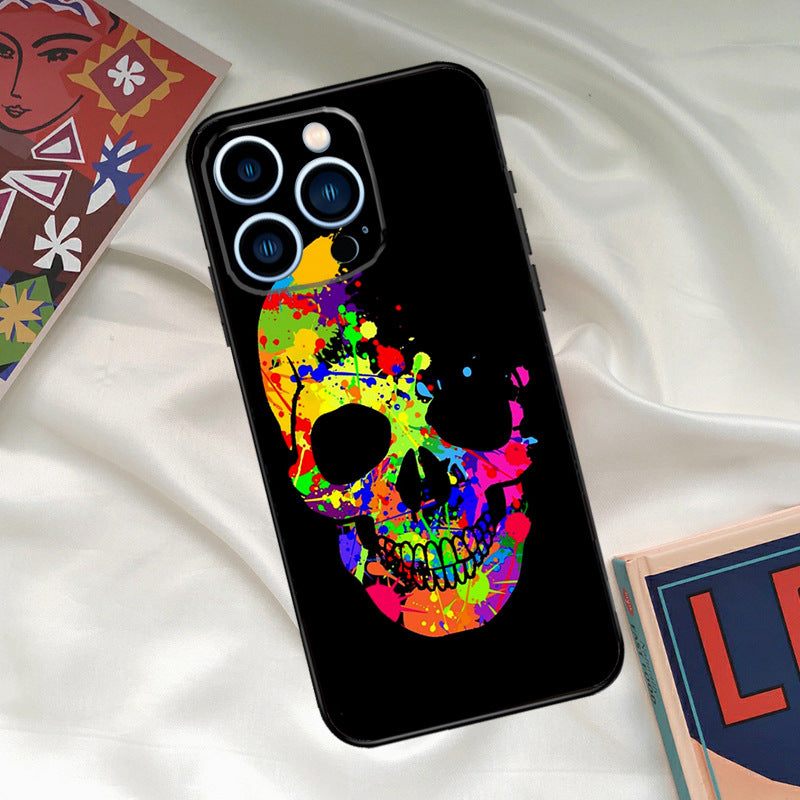 Cool ghost skull face phone case with vibrant colors on a black TPU soft shell, compatible with Apple, Samsung, Huawei, and Xiaomi models.