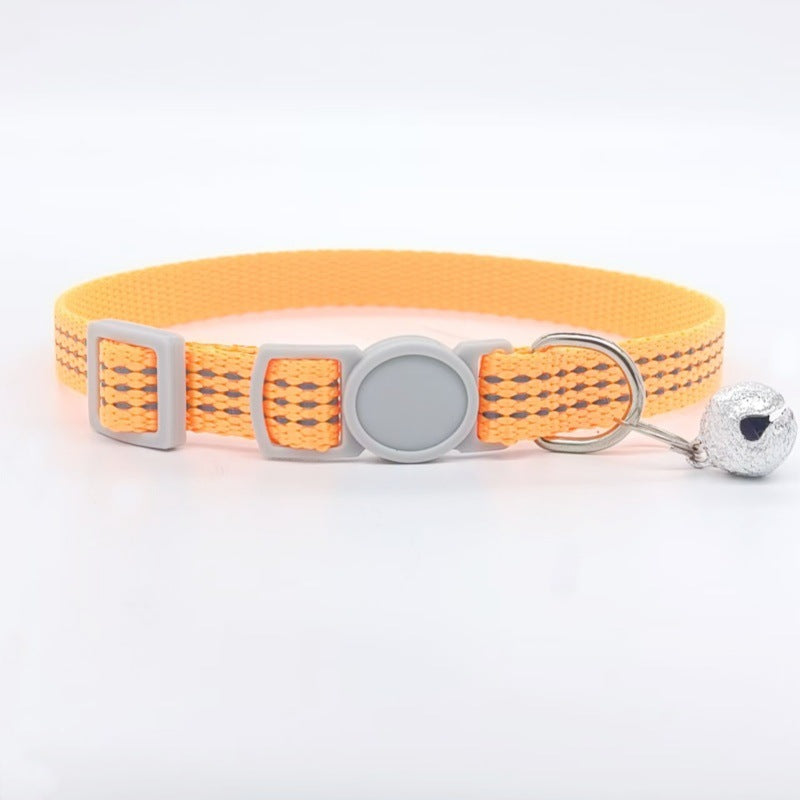 Breathable nylon cat collar in orange with adjustable buckle and bell.