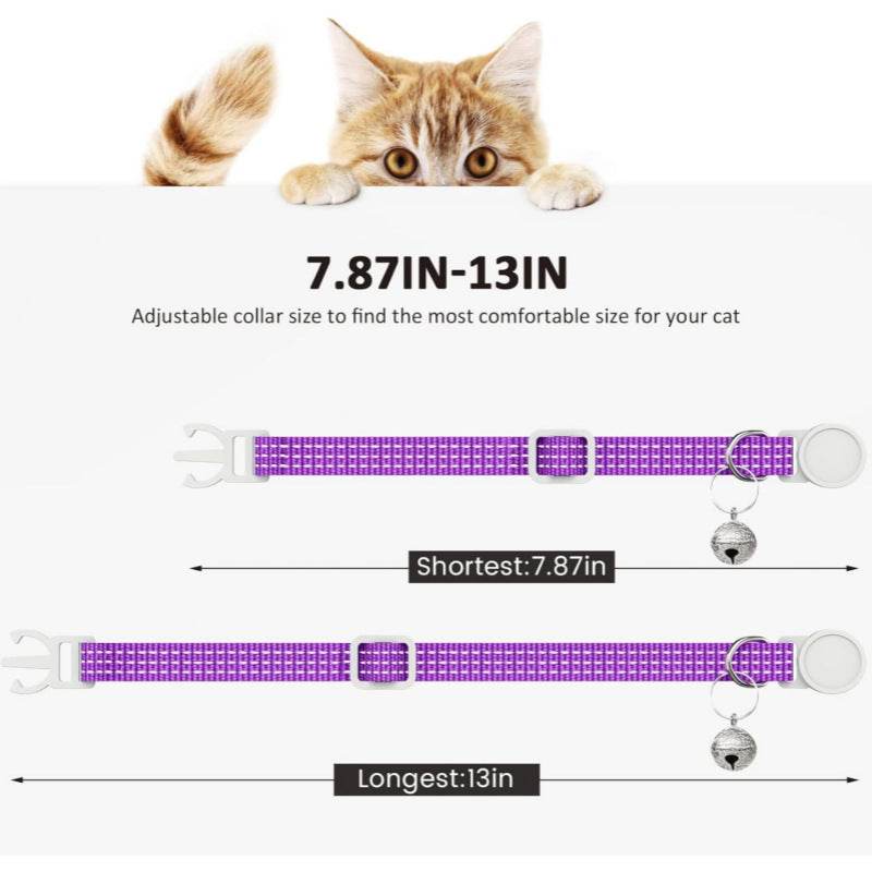 Adjustable purple nylon cat collar with bell, comfortable and breathable, fits 7.87-13 inches.