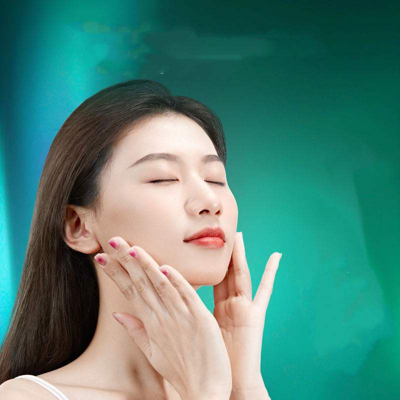 Woman applying plant skin care product for hydrating and brightening effects.