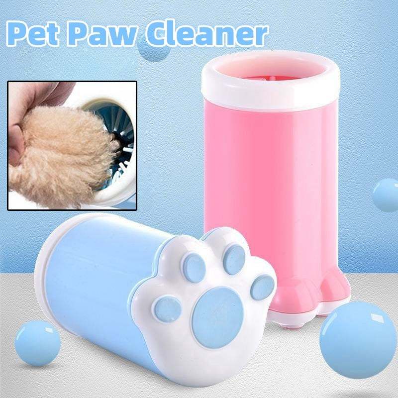 Portable pet paw cleaner in pink and blue silicone for small dogs and cats.