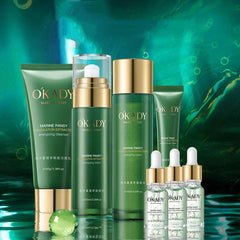 Plant Skin Care Product Set featuring cleanser, energizing water, essence, eye cream, energizing milk, morning and night creams for hydrating and brightening.