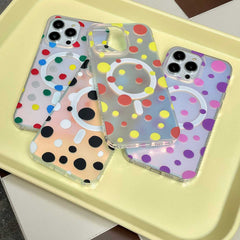 Four colorful polka dot magnetic phone cases for Apple models with fall protection.