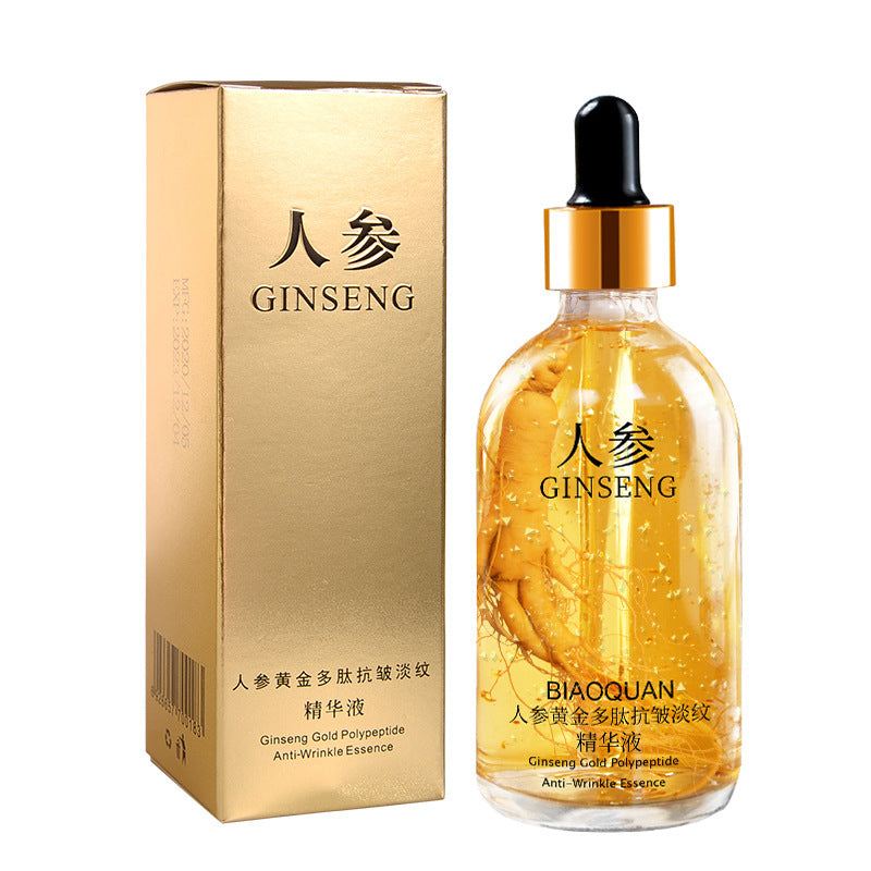 Firming and lifting skin care product bottle with ginseng and gold liquid essence.
