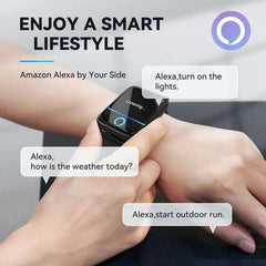 Smart watch for men with Alexa commands displayed on wrist.