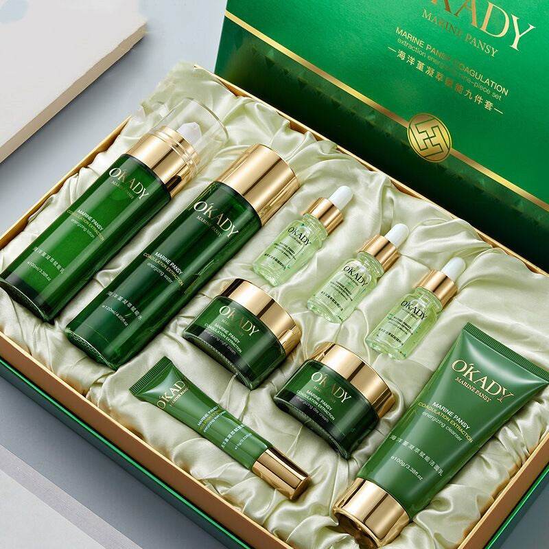 Plant Skin Care Product Set with moisturizing lotion, whitening mask, and revitalizing creams in elegant packaging.