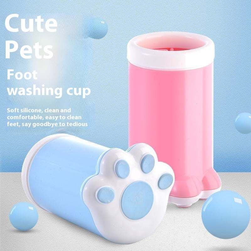 Silicone foot-washing cups for dogs in pink and blue.