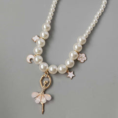 Korean style children's pearl necklace with ballerina charm, suitable for travel, holiday, birthday, party, and photography.